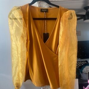 Sheer Sleeve Wrap Top - Mustard